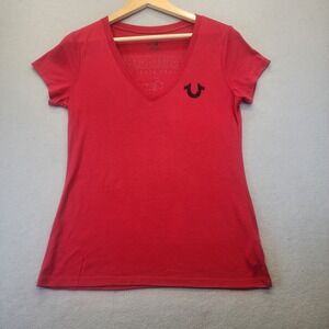 True Religion World Tour Red Rhinestone V-Neck T-Shirt Women Medium Buddha Logo